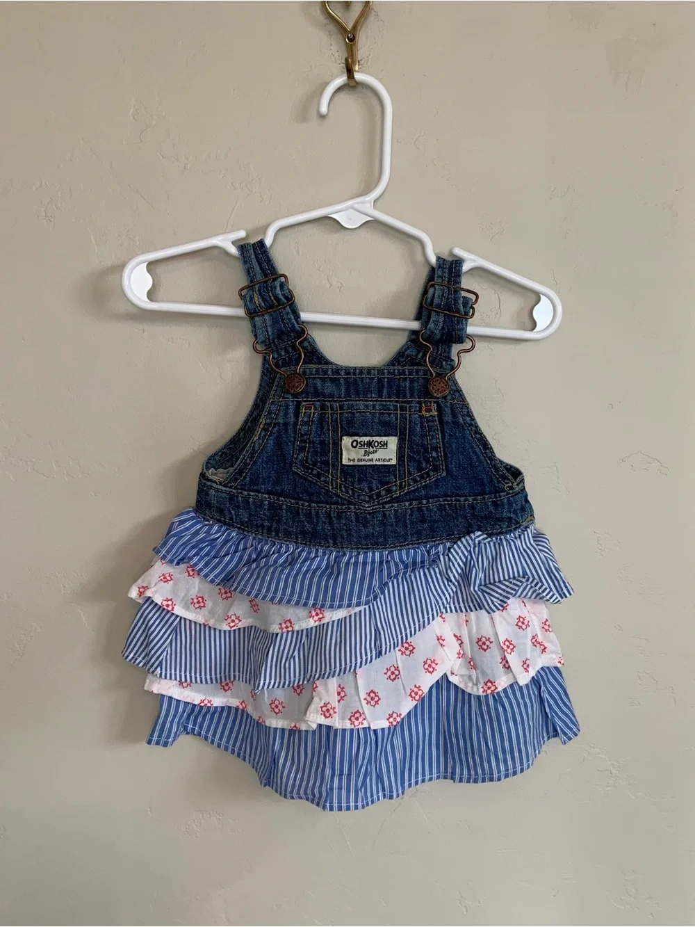 OshKosh B'gosh Girls Vestbak Overall Red White Blue Jumper Ruffle Dress 6 months